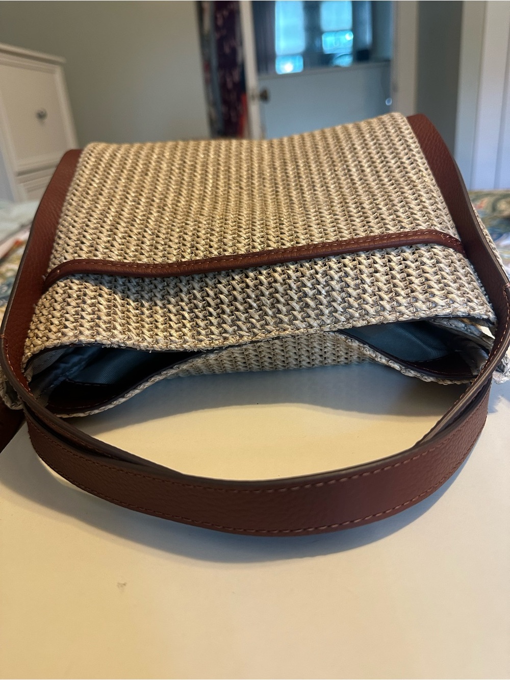 American Leather Co. Triple Entry Raffia & Leather Satchel Handbag Purse - Picture 8 of 9